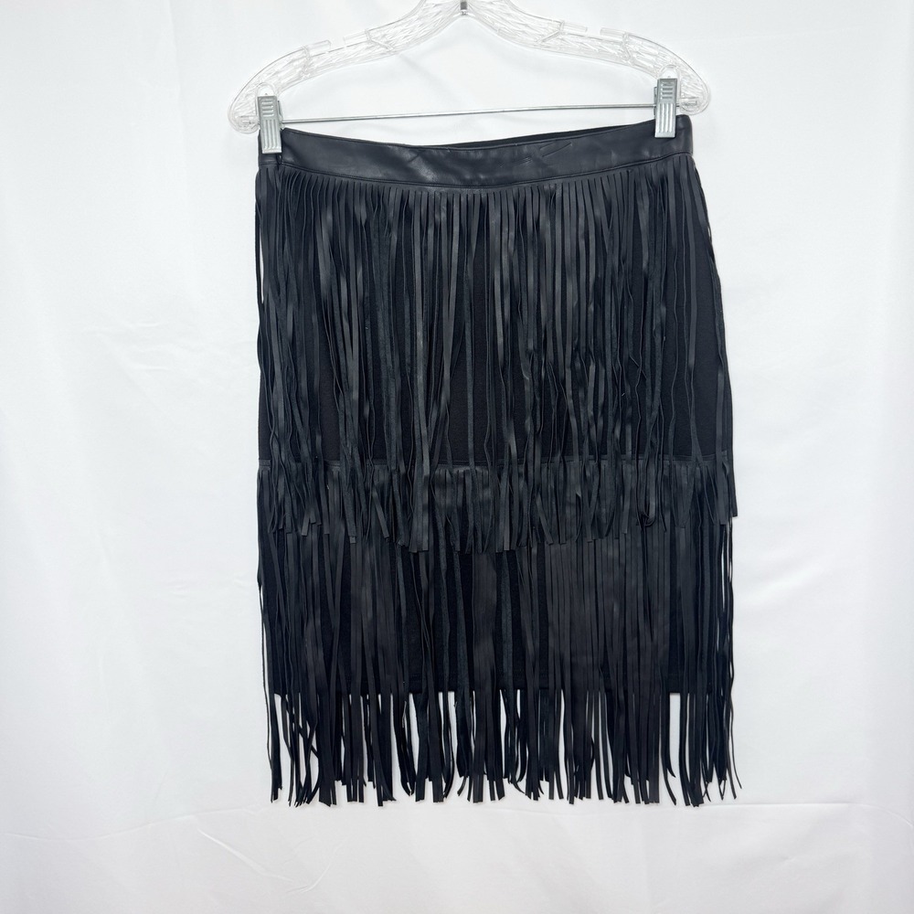 Womens Faux Leather Fringe Skirt Black Boho Western Festival Cowgirl Size 2 - Picture 3 of 9